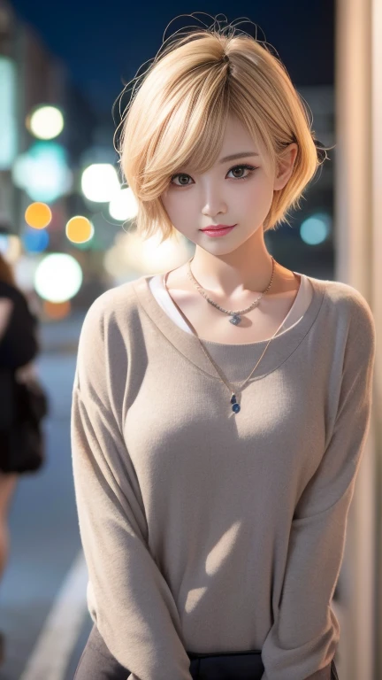 Curly Bob Cut, Realistic,  orange shirt ,A woman with platinum blonde hair takes a photo on the street, High image quality, High Resolution , 8K Art Clock Bokeh,  well-balanced body , 美しいJapanese women,  Gorgeous Necklace , Watch out for breasts,美しい若いJapan...