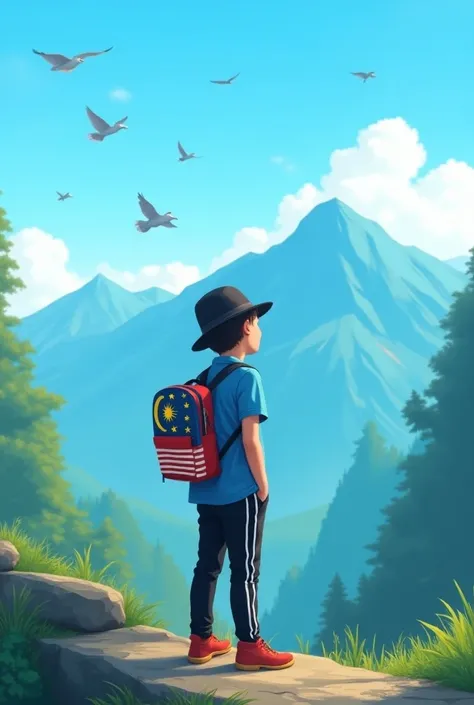 Theres a  who wear blue-mixed colour shirt, black and white trousers, black hat and a backpack with a Malaysian flag. The boy see a beautiful mountains and birds flying on the beautiful sky. 