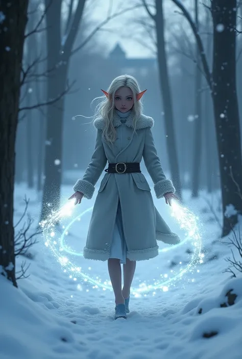  A  elf girl wearing a JK coat wearing a coat is very handsome walking. She is using glowing water magic. The background is snowing in the winter, walking in the forest with a college behind her