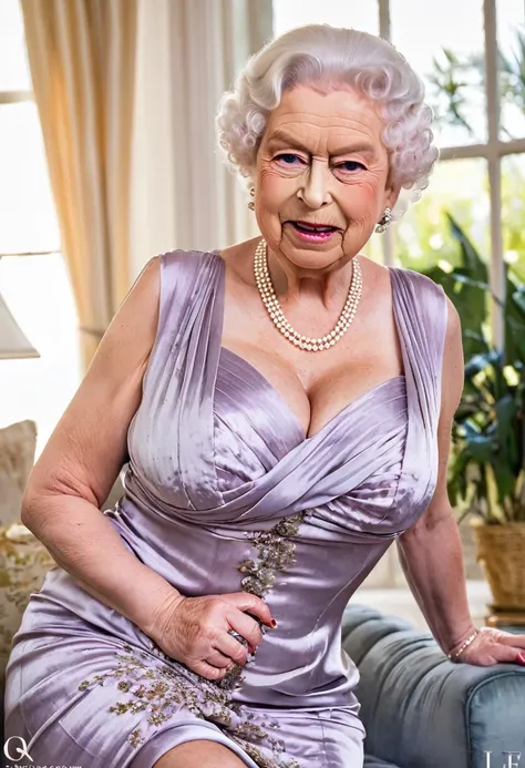 (gigantic saggy breast:1.4), ((queen elizabeth 80yo)), (voluptuous older body with wrinkles:1.3), (seductive expression:1.4), si...