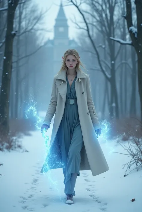  A  elf girl wearing a JK coat wearing a coat is very handsome walking. She is using glowing water magic. The background is snowing in the winter, walking in the forest with a college behind her