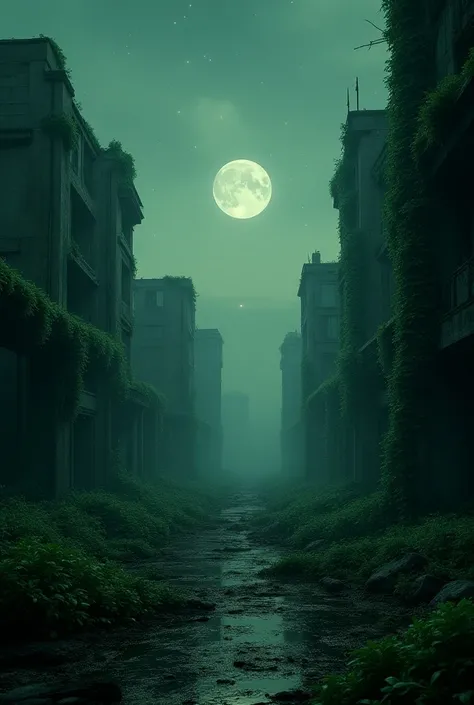 A destroyed city,overgrown vegetation, dark green is important, a massive sky with beautiful moon and stars,distance angle view,hd details, 8k