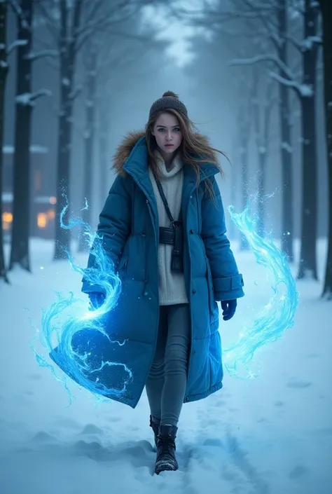  A 15-year-old elf girl wearing a JK coat is very handsome walking. She is using glowing water magic. The background is snowing in the winter, walking in the forest and behind her is a college at night