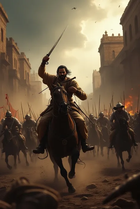 Inside the fort, a fierce battle erupts. Maratha warriors clash with Mughal soldiers under the dark sky, swords flashing, and dust swirling. The expressions on the faces of the warriors show determination, as Tanaji leads the charge with his sword held hig...