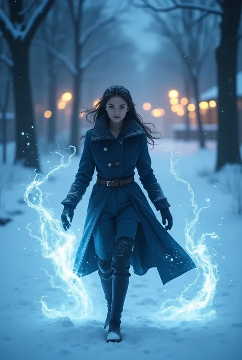  A 15-year-old elf girl wearing a JK coat is very handsome walking. She is using glowing water magic. The background is snowing in the winter, walking in the forest and behind her is a college at night