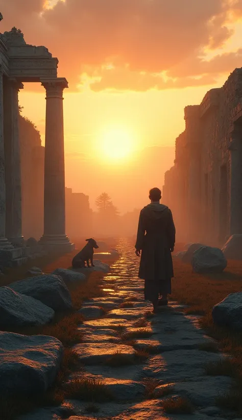 A dramatic wide shot of the ruins of Pompeii, with a fading image of the dog standing by its owner, blending with the ruins in the background. The sun sets, casting a soft golden light over the scene, symbolizing the timeless loyalty and love between the d...