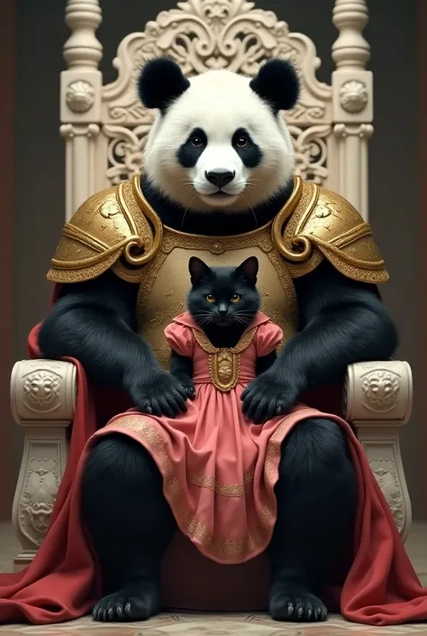 Panda in gold armor sitting on the white iron throne and a black cat in pink clothes sitting on the pandas legs 