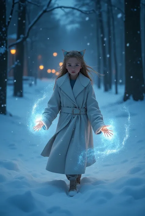  A  elf girl wearing a "JK" "draped" coat is walking and she is using glowing water magic. The background is snowing in the winter, walking in the forest behind her and a college night view:Oblique 45 degrees