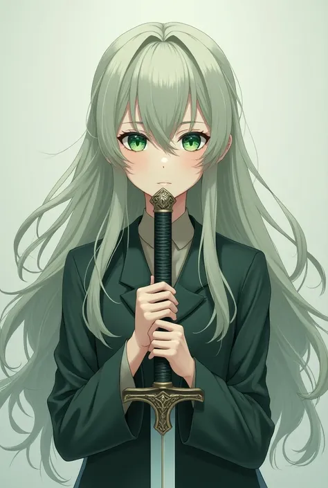 Cool looking, long-haired, green-eyed anime girl looks quietly holding a sword