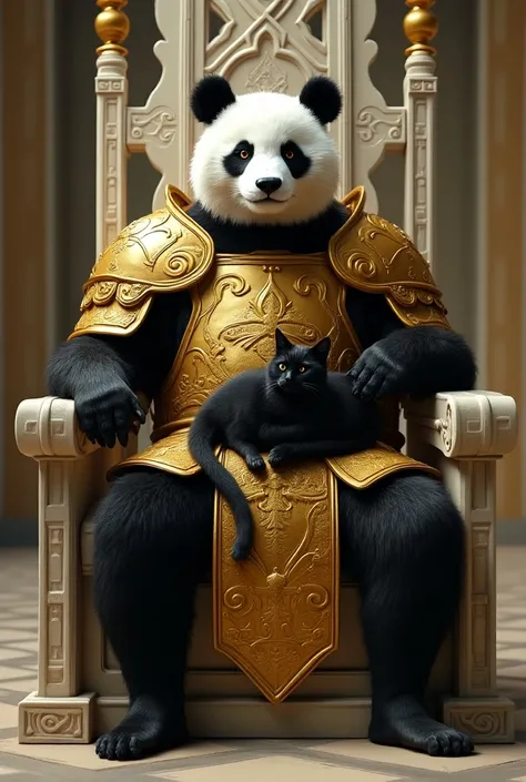 Panda in full armor gold with white sitting on the white iron throne and a black cat sitting on the pandas legs 