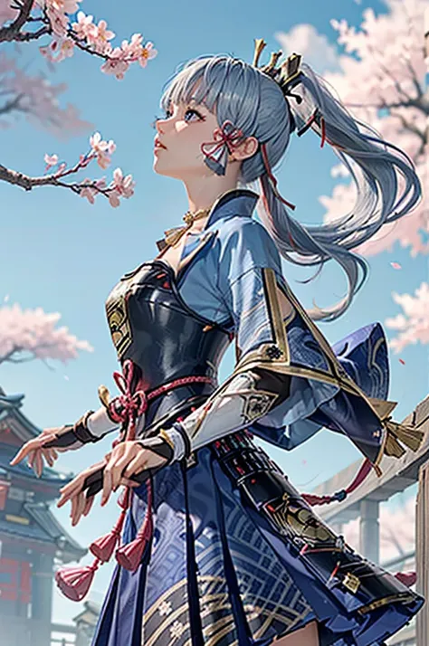 masterpiece, Best Quality, ((Ayaka Kamisato_ Genshin Impact)),(( 1 girl,Long Hair, blue hair , ponytail, Hair Ribbon, hair accessories , Hold the , blue eyes,breastplate,armor, Short sleeve,Japanese clothing, Blue Skirt , Tassel,gloves, Arm guard,))[( hold...