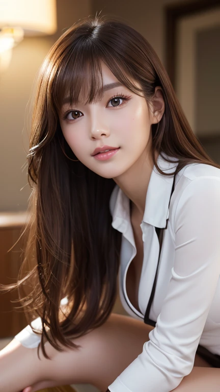 Product quality, 1 girl, Cowboy Shot, Front view, Young and pretty girl in Japan, At night,  Wearing a mini skirt, Super cute face, Shiny lips, Double eyelids on both eyes, (Natural Makeup), Shiny smooth light brown hair with long hair, Asymmetrical bangs,...