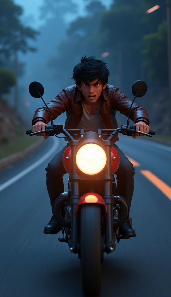 A 3d cartoon Pixar style Raunak, a young man in his 20s with short black hair, wearing a leather jacket ride bike on the road .There is a lot of fear on her face at night on the deserted road:And he is riding the bike very fast and looking here and there