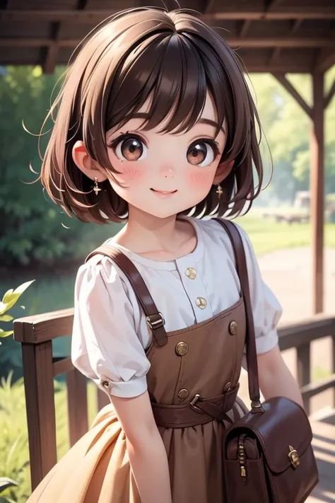  shiny brown hair,  short hair, ( beautiful brown eyes 、  Sparkling Eyes, fine grain)、smile、 very detailed eyes、 highly detailed face,  Highly detailed eyes , cowboy shots、  best quality、 perfect bodies 、It&#39;s the whole thing.、Slender beauty、 very short...