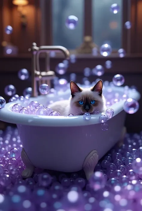 Siamese cat bathing in a Victorian bathtub with purple and blue tones full of bubbles and the entire bathroom full of bubbles. realistic 