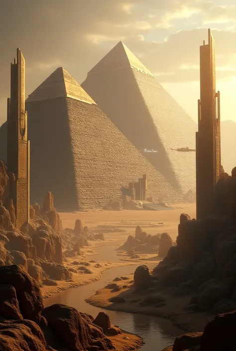 A dramatic landscape featuring the pyramids with a futuristic twist, showcasing advanced technology alongside ancient architecture.