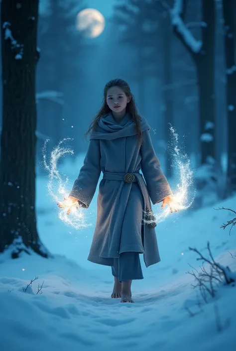  One"15"Aged Elf Girl Dressed On"JK" "draped" coat is walking and she is using glowing water magic. The background is snowing in the winter, walking in the forest behind her and a college night view:Oblique 45 degrees