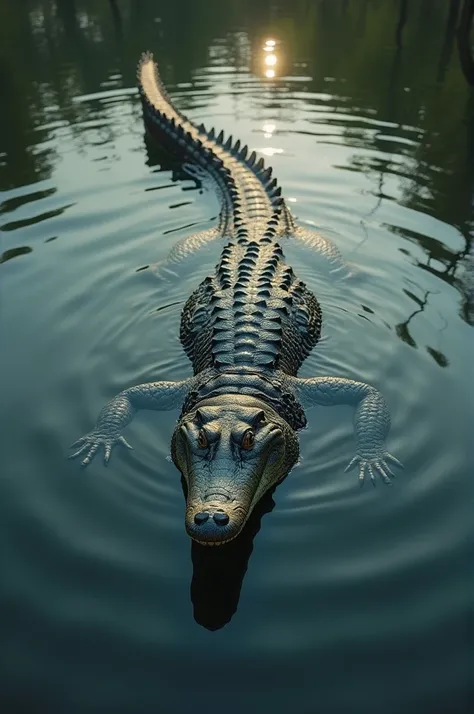 **Prompt:** "For the closing shot, film a crocodile slowly and smoothly sliding back into the water. Capture the ripple effect as it disappears beneath the surface, emphasizing its sleek body and powerful tail. The scene should evoke a sense of mystery and...