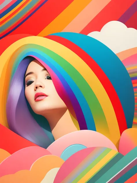 Art illustration，rainbow，Portrait, front, Look Up,  with your eyes closed, tree々, treeの葉, colorful, rainbow, small ,  Contrasting colors , In the spring scenery, Icon Design, Visit Rozmin, Vector art,  1 girl, Alone，abstract and surreal color ,  popular ge...