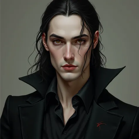 Handsome vampire man with pale skin, brown eyes, long black hair tied up and wearing a black suit portrait