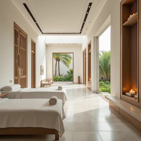 A luxurious interior view of a block designed for ultimate relaxation, located within a tropical retreat and spa at Ratangarh, Rajasthan. 
The interior is elegant with white walls and wooden accents, and louvered walls around the ground floor add texture a...