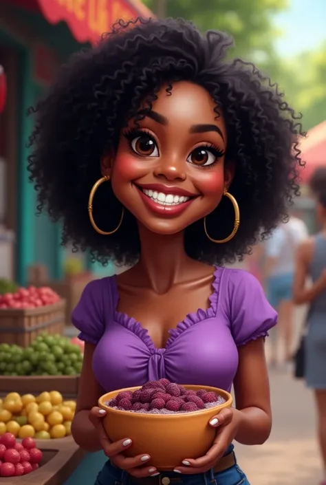  A caricature of a black woman in a purple blouse, cabelo black crespo,  smiling with thick lips ,  beautiful and happy selling açai in the bowl  