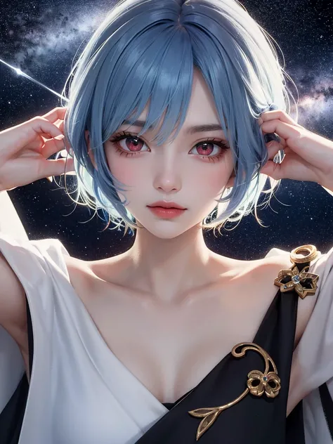 masterpiece, Best Quality, 8k,  detailed skin texture , Detailed cloth texture,  beautiful detailed face ,  complicated details, Super detailed, Portrait of Rei Ayanami,Pixieカット, Blue Hair, Red eyes, 頭にBlack accessories,Red eyes，Light blue starry backgroun...