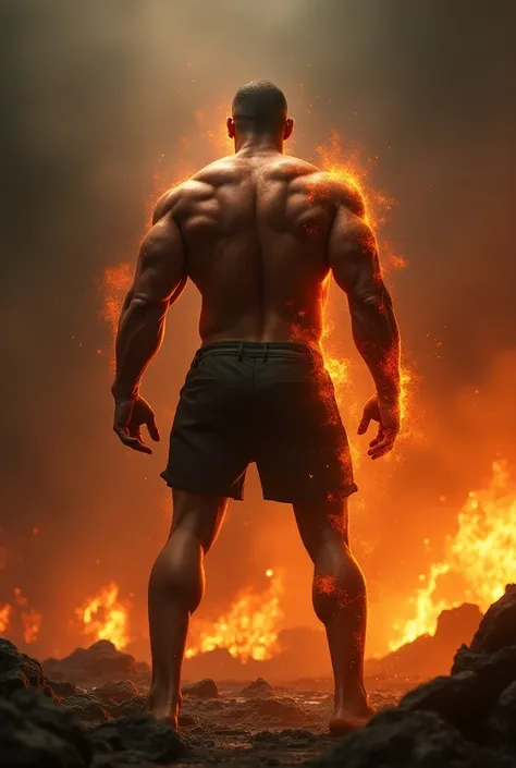 A man fighting with dragon in hell 

The man should be standing by showing us his back and he should be very tall muscular and he should not be wearing any clothes 

Make him more tall almost a giant and remove his pants too

Make the man more tall and mus...