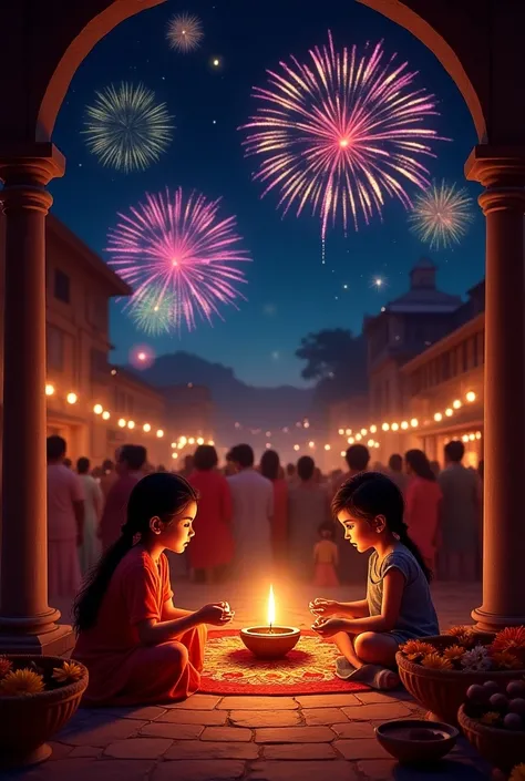 Diwali Celebration**: Show a vibrant Diwali celebration scene, with families lighting diyas, fireworks in the sky, and an altar adorned with flowers and sweets, symbolizing joy and abundance.
