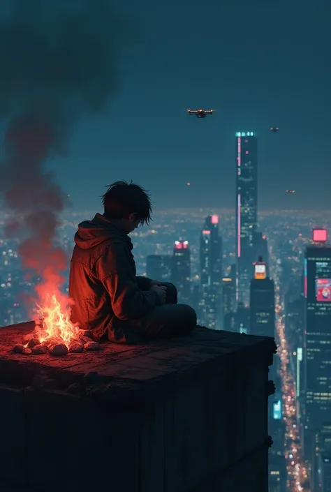 Dystopian scene of a rebel sitting atop a crumbling skyscraper, overlooking a sprawling, neon-lit city at night. A small, makeshift fire crackles beside them, flames flickering in bright reds and oranges against the dark backdrop. Holographic advertisement...