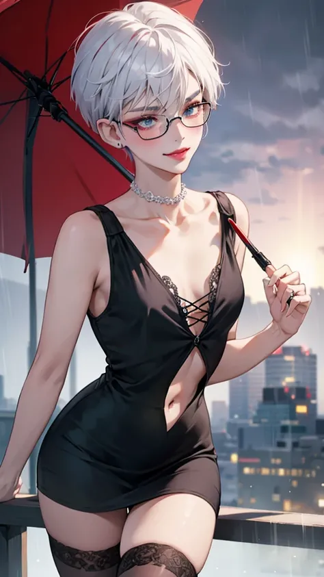 8k, masterpiece, best quality, highly detailed, 1 girl, devil, demon horns, warlock, pixie cut, white hair, multicolored hair, very short straight hair, red highlight hair on white hair, strippled hair, wearing glasses, round glasses, earrings, navel pierc...