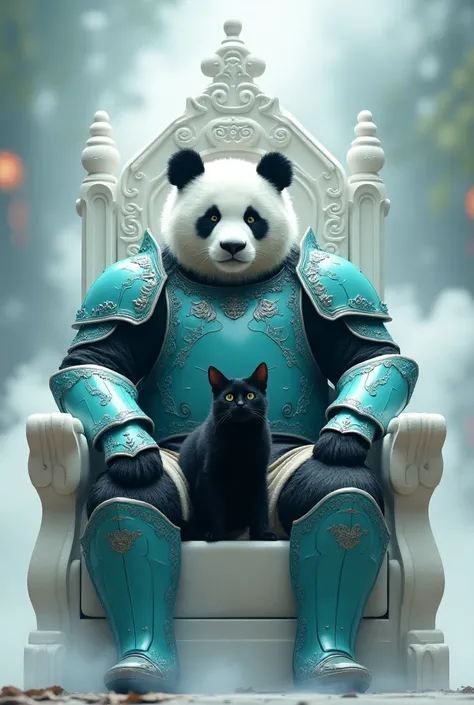 Panda in full turquoise and white armor sitting on the white iron throne and a black cat with sitting on the pandas legs and white smoke in the background 