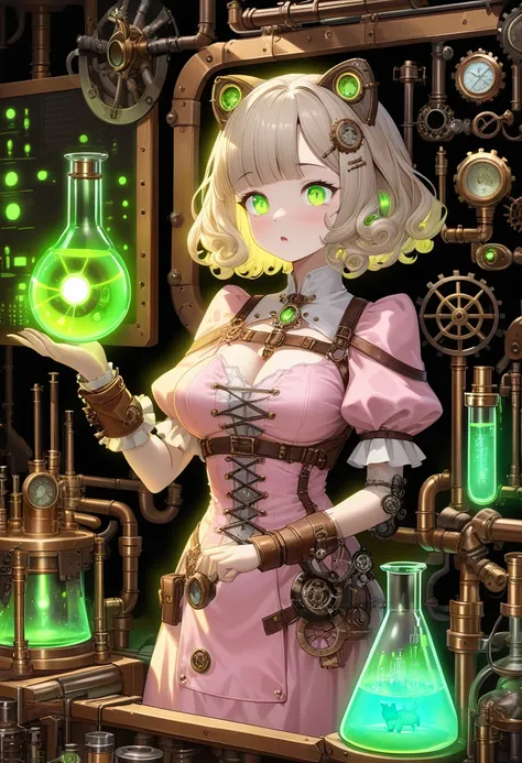  steampunk、 1 girl,  curly bob hair、light beige hair、Pink Tata Dress、 steampunkの世界観、 steampunk装備、 Lime Green Eyed Girl with a Glowing Flask in Her Hand、Experimenting while looking at the data sheet with a difficult expression、Long-haired cat、4 metre cat、Gh...