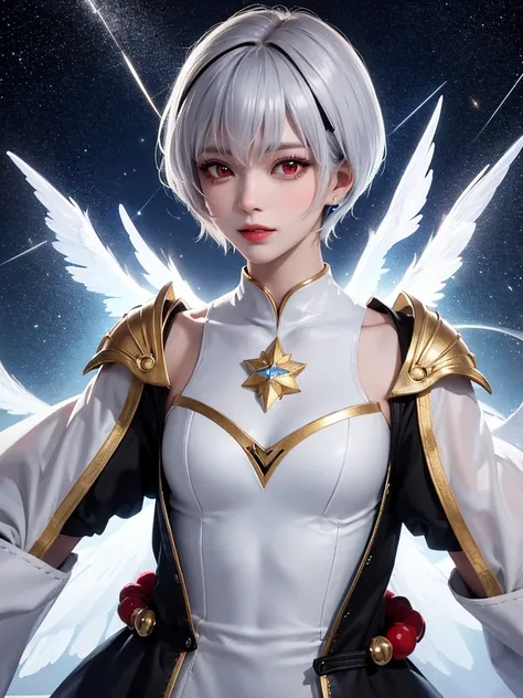 masterpiece, Best Quality, 8k,  detailed skin texture , Detailed cloth texture,  beautiful detailed face ,  complicated details, Super detailed, Portrait of Rei Ayanami,Pixieカット, Silver Hair, Red eyes, 頭にBlack accessories,Red eyes，Light blue starry backgro...