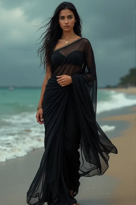 creat a image of a girl model, age 25-29, green eyes, long Black hair, busty body figure type, middle Eastern ethnicity, wearing a Black indian saree , wet flowing hair in rain, background of dark clouds , walking elegantly on beach 