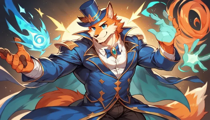 ((best quality)) ((masterpiece)), portrait, blue eyes, floating, magic, magician, fantasy clothes, sorcerer hat, muscular ginger fox, smile, anthro, kawai, high detail, vibrant, male, 8k