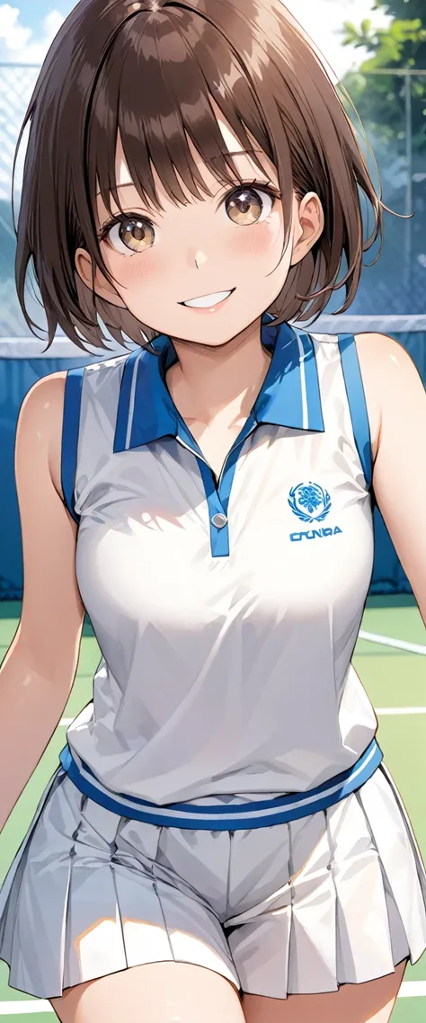  shiny brown hair,  short hair, ( beautiful brown eyes 、  Sparkling Eyes, fine grain)、smile、  Super Detailed Eyes  、 highly detailed face,  Highly detailed eyes , cowboy shots、 Only one woman, standing,  mature women, /(Tennis One Piece Uniform/), /( short...