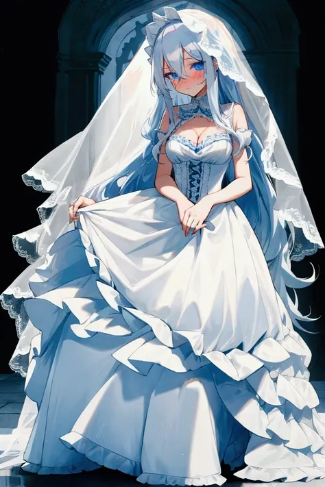 long white hair blue eyes slim waist anime girl blushing wearing long white frilly ballgown with cleavage and veil looking at viewer facing viewer full body