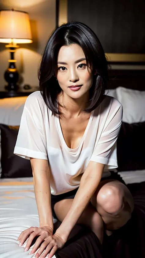 (( best quality)), ((masterpiece)), (Ultra fine)、Photo taken by a professional with Leica f1 .4 35mm by pro cameraman、(((full body))), sexy model pose standing   , dramatic lighting、A dark and elegant ultra-luxury hotel bedroom in the middle of the night、(...