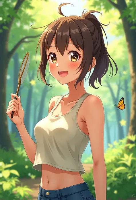 1girl, japanese art style, medium shot, bust shot, country girl, light brown skin, tan lines, ponytail, brown hair, loose tank top, cheerful expression, bright smile, sparkling eyes, butterfly net, summer forest, forest background, dappled sunlight, warm l...