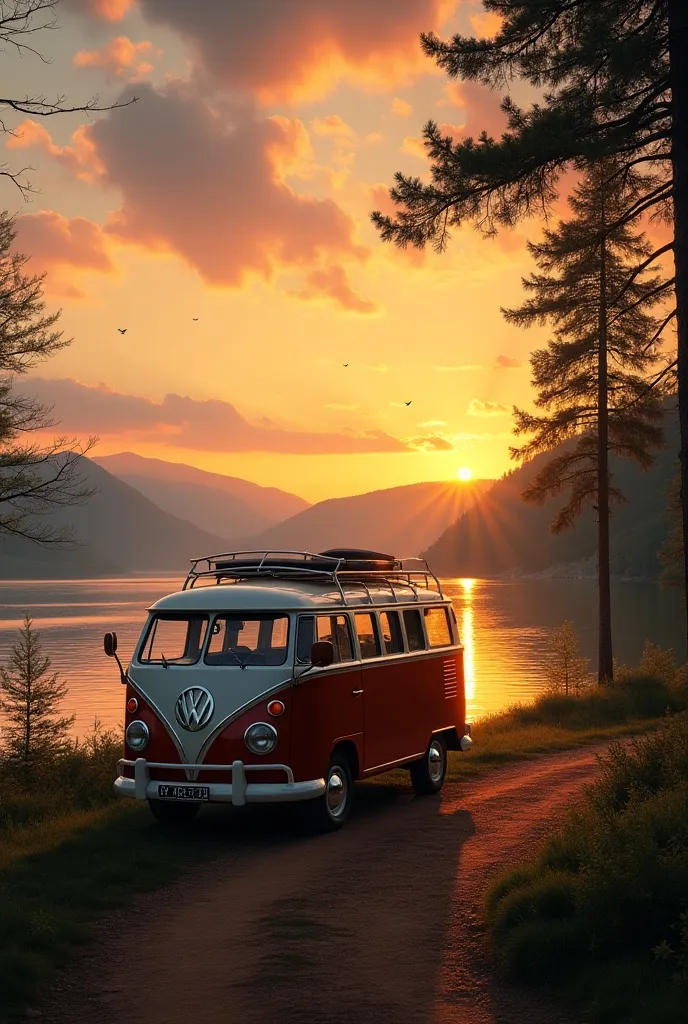 A beautifull camping van stand near a beautiful lake in sunset 