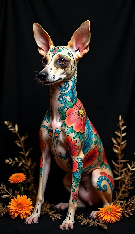 A high-definition photo of a xoloitzcuintle dog adorned with a colorful Dia de Muertos Mexican catrina tattoo pattern all over the body and head, showing intricate details. The background is a soft black, complemented by gold leaves and Cempasuchil flower ...