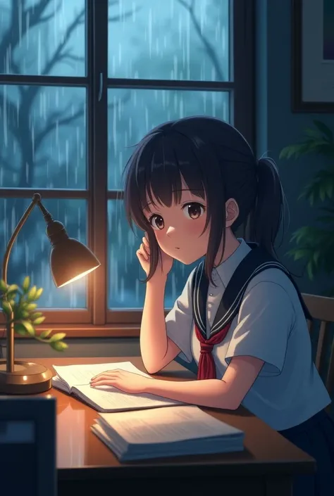 Make a anime school girl sitting at study table , raining outside , for s ,no nudity