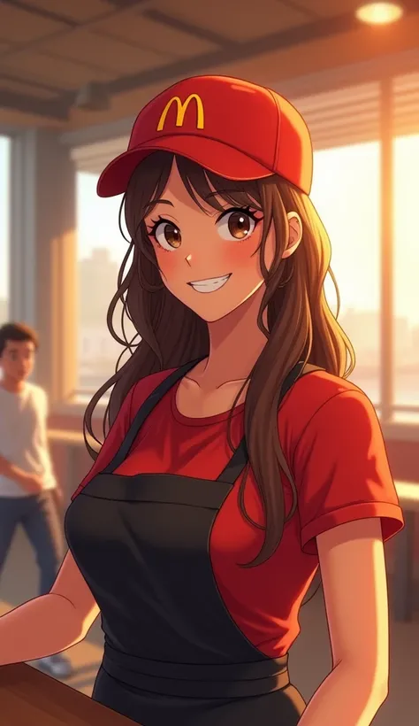 Context :  a sunny day at McDonalds cafeteria.
 Role :   a 30-year-old woman with long brown hair  .  She has a plump bust， a 30-year-old woman with long brown hair ,   a red t-shirt and black apron  , Wearing a McDonalds hat .
action:   standing at the ch...