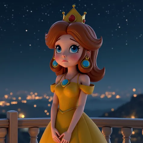 Realistic Princess Daisy from Mario, with brown hair and wearing a yellow baby doll dress with shoulder strings, stands on a balcony at night with anxious expressions, as if shes waiting for someone. The background features a starry sky and the soft glow o...