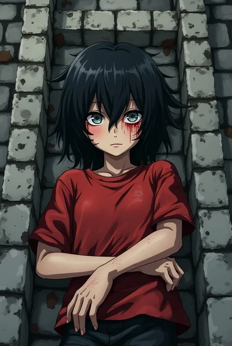 Anime: Indian androgynous bleeding boy with smooth black hair in a red shirt lying on the floor on a ladder of gray bricks favela Brazil wounded boy