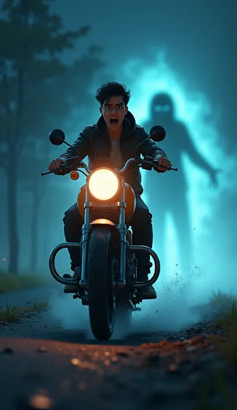 A 3d cartoon Pixar style Raunak, a young man in his 20s with short black hair, wearing a leather jacket ride bike on the road .There is a lot of fear on her face at night on the deserted road Raunak, wide-eyed in terror, screams and loses control of the bi...