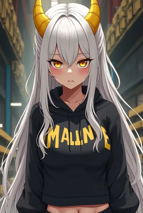 Italo waifu version with yellow eyes and yellow horn and long white hair with a tight sweatshirt with a serious look with a giant and shiny areola anime manga version