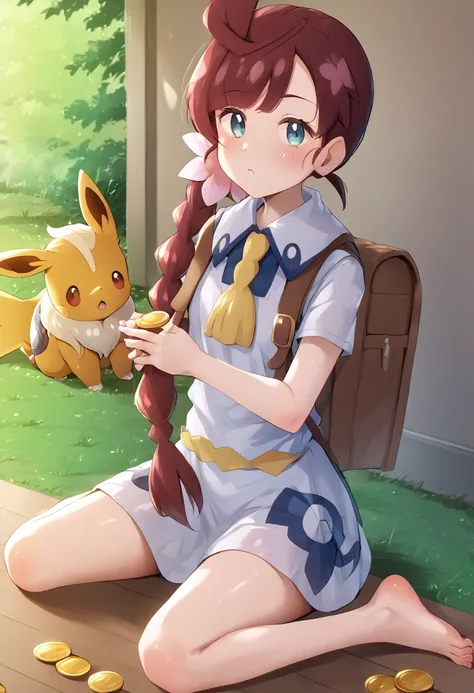 (photorealism:1.2), Draw Chloe cerise (Pokemon) sitting on a bench and behind her a sign on which is written: To lick my feet, you must pay 100,000 gold coins. Ash Ketchum - Pokemon journeys is kneeling in front of Chloe cerise (Pokemon) and throwing a bag...