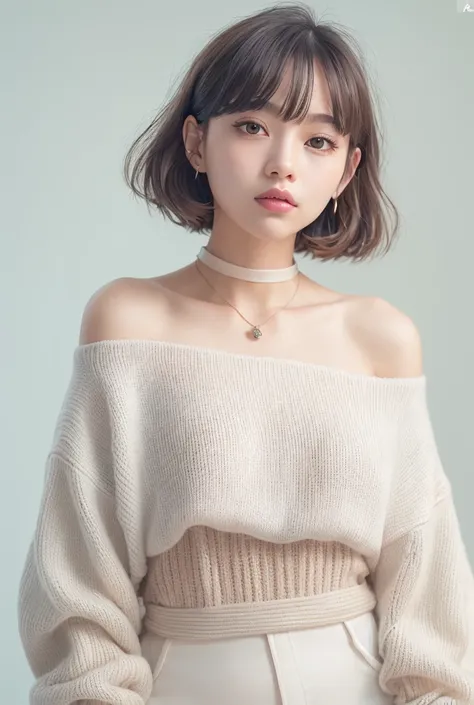 ((Extremely realistic)), ( super realistic), generate a highly realistic image, white backdrop,,15-year-old female,high school student、short bob hair, Im hiding my forehead with bangs,white-silver-colored eyes,Long False Eyelashes,Clear eyeliner、Thick lips...